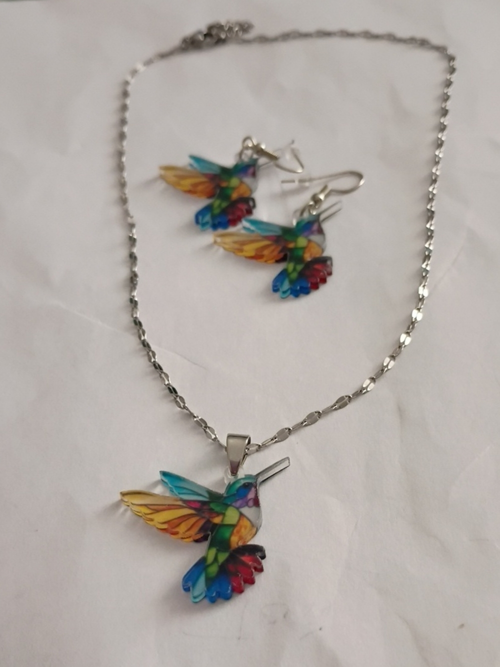 Multicolor Hummingbird Pendant Necklace with Matching Earrings - Silver Chain